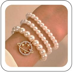Wendalern Perla Perline Bracciale 3 Pezzi Set Diamante Pianeta Fascino Bracciale Perla Stretch Bracciali Impilabili D'acqua Dolce Coltivata Perla Bracciale Gioielli Da Sposa Per Donne E Ragazze