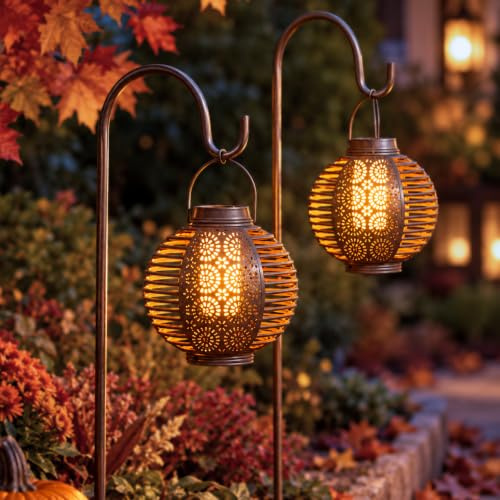2pc Solar Garden Lanterns for Outside - Hanging Outdoor Lights | Realistic Flame Effect Moroccan Metal Lanterns With Hooks, Cool Touch LED Solar Lights For Pathway, Garden & Autumn Decor