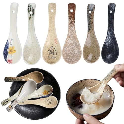 Counius 6 Piezas Cucharas De Sopa Chinas,Juego De Cucharas De Sopa De Cerámica Cucharas De Vajilla Asiáticas Cucharas De Sopa China Cucharas De Cerámica Ramen Ramen De Cerámica China,Cuchara De Sopa
