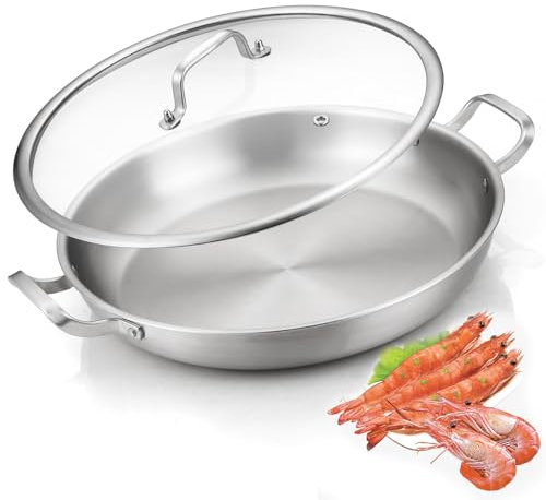 Yeksum Tri-Ply Stainless Steel 13-Inch Paella Pan, Large Skillet, Large Saute Pan with Lid,Jumbo Cooker,Induction Pan,Skillets,Induction Oven & Dishwasher Safe