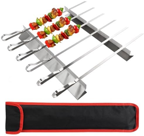 BBQ Skewers Stainless Steel Set with Holder, Metal Kebab Skewers 2 Frame Racks and 6 Kebab Skewers Durable and Reusable Barbecue Tool for Gas Grill, Charcoal Grill, Smoker, Outdoor BBQ