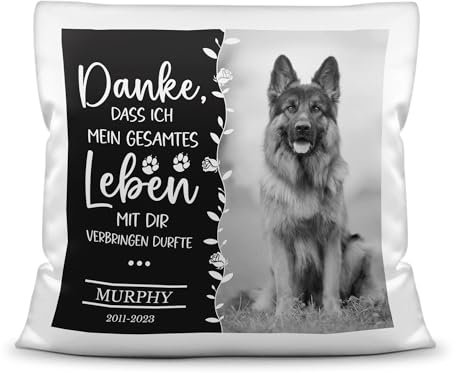 PfotenSchild Personalisiertes Erinnerungs-Kissen mit Foto & Namen - Mein ganzes Leben - für Hunde, Katzen und andere Tiere selbst gestalten - inkl. Füllung, 40 x 40 cm, Weiß