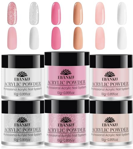 EBANKU Pink Acrylic Powder, 60g/0.35oz Acrylic Powder Large Capacity Professional Acrylic Nail Powder for Nail Acrylic Extension, Nail Carving, Long-Lasting, No Nail Lamp Needed (Pink Set 6 Colors)