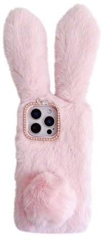 Sawiqpd iPhone 16 Pro 5G Case, Fluffy Rabbit Ears, Soft Silicone, Faux Fur, Warm Plush Bunny, Shockproof TPU Bumper, Pink