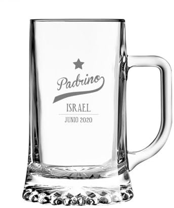 Calledelregalo Jarra de Cerveza Personalizada para Padrino en Estuche Negro, regalo para Bodas, nacimientos, cumpleaños/jarra de cerveza con el nombre y fecha grabado