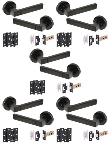 Hunta HANDLEZONE® 5 Sets Luxa Internal Door Handle Pack, Complete with Lever Handles, 76mm Latch, 75mm Ball Bearing Hinges - Black Matt