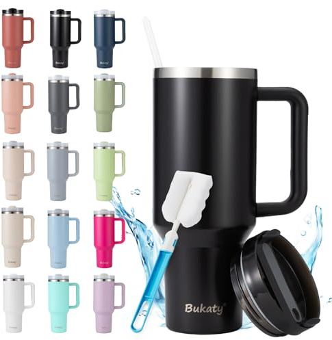 Bukaty Thermobecher mit Strohhalm 30oz/0.9L, Trinkbecher mit Deckel und Strohhalm, Edelstahl Vakuum Isolierbecher mit Henkel, Großer Kaffeebecher to go Autobecher für Heiße & Kalte Getränke, Schwarz