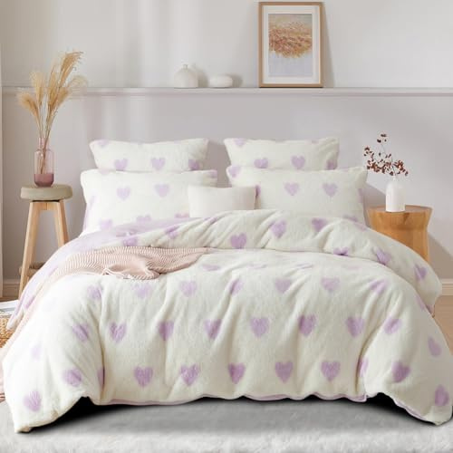 Freyamy Peluche Housse de Couette 140x200cm Violet Cœur Hiver Chaude Duveteuse Parure de lit 1 Personne Shaggy Faux Fur avec Fermeture Éclair Flanelle Linge de lit avec 1 Taie d'oreiller 65 x 65cm