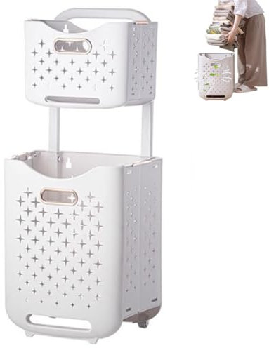 Panier à linge à 2 niveaux, panier à linge à roulettes, panier à linge en plastique, panier à linge pliable à double couche, for buanderie, chambre à coucher, salle de bain(Rose Gold)