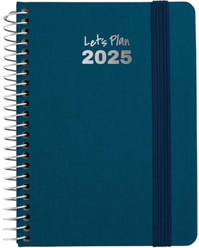 Grafoplas - Kalender 2025, Tag pro Seite, A6, Modell Fancy | Petrolblau, Spanisch, Hardcover, mit Stoff gefüttert, elastischer Verschluss, inklusive Aufklebern und Nachrichten, von Januar bis Dezember
