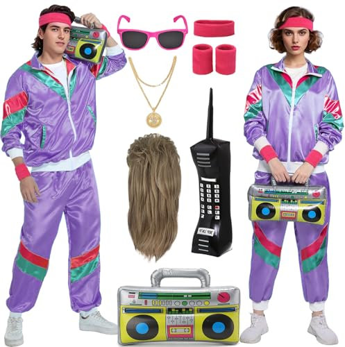 Mrsclaus 80er 90er Jahre Outfit für Herren Damen Jogginganzug Trainingsanzug Kostüm Erwachsene Disco Karneval Partnerkostüme Set mit Pop Rock Perücke Radio Telefon C058M