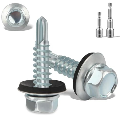Vis Autoperforante 6.3x25MM 120 PCS pour Metal Bac Acier Toiture - Auto-Taraudeuses à Tête Hexagonale Avec Rondelle D'étanchéIté - 2 Douilles Hexagonales Incluses - Galvanisées, Argenté