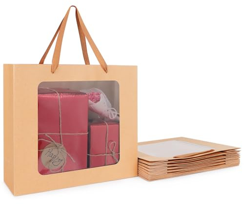 EUSOAR Sacs en Papier avec Fenêtre - 10 PCS Sachet Cadeaux en Kraft avec Anse - L 32x11.5x28cm Sacs en Kraft Grands 180GSM - Pochette Cadeau Gift Bags pour d'Emballage Fête