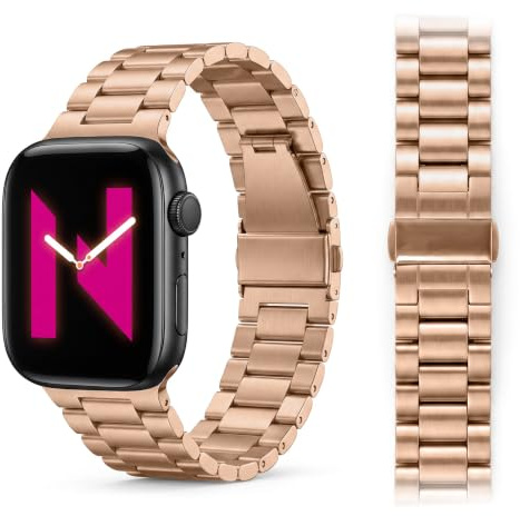 NALIA Mova Edelstahl Armband kompatibel mit Apple Watch Armband Series Ultra/SE 10/9/8/7/6/5/4/3/2/1, 42/44/45/46/49mm, Metall Ersatzarmband mit Doppelfaltschließe, Rostfrei, Farbe:Kupferrosé