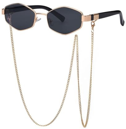 TYUVIVO Vintage Punk Sonnenbrille Damen mit Kette Kleines Gestell Brille für Damen Luxus Hexagon Eyewear UV400 (Gold Schwarz)