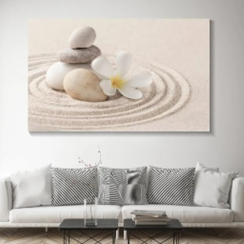 XBTYKPB Blumen und Gras im Sand, Zen-Stein, Leinwandgemälde, weiße Blumen und Gras, Zen-Poster, Wandkunst, Gemälde, Heimdekoration, 50 x 70 cm, mit Rahmen