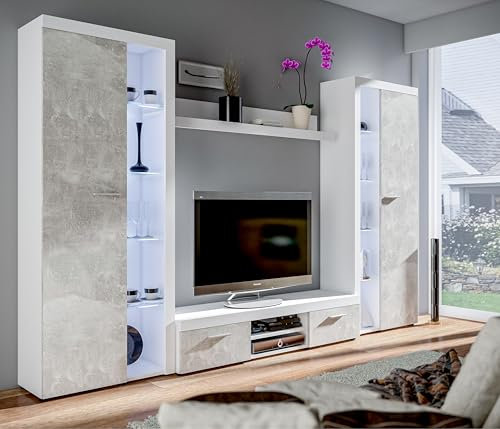 AXLIVING Spacoro XL weiß Wohnwand betonoptik modern 300cm ohne LED