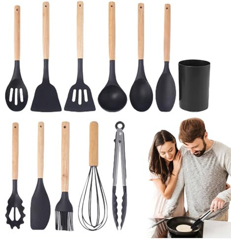 Kitchen Set | 12-Piece Silicone Cookware - Non-Stick Multifunctional Utensils with Storage Bucket for Home Outdoor Cooking Roasting Barbecue Braising