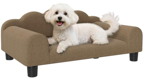 PawHut Dog Sofa Bed with Backrest and Armrest for Small Dogs, Brown | Elevated Cat Sofa, Breathable Pet Lounge, Indoor Use