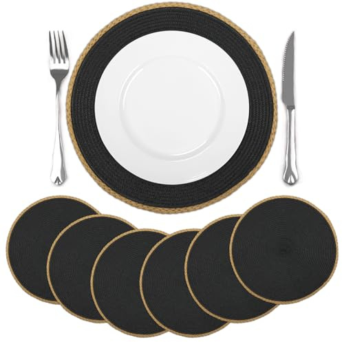 comfoyar Set di 6 Tovagliette Americane Nero Rotondo Intrecciato, Antiscivolo Tovagliette Americane Resistente al Calore per Cucina Decorazione, Tavola di Feste 36x36cm