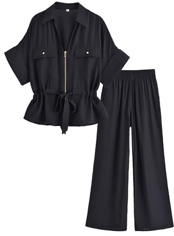 Mingzhu Women's 2 Piece Linen Outfits Short Sleeve Zipper Drawstring Waist Safari Shirts Wide Leg Pants With Pockets(0984-Black-L)