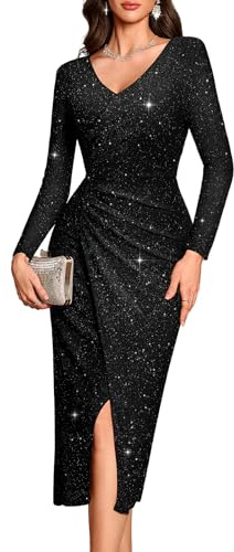 Bbonlinedress Schwarzes Glitzer Kleid Damen elegant Maxilang Langarm Winterkleider festliches Weihnachtskleid mit Pailletten Party Cocktailkleid Black XL