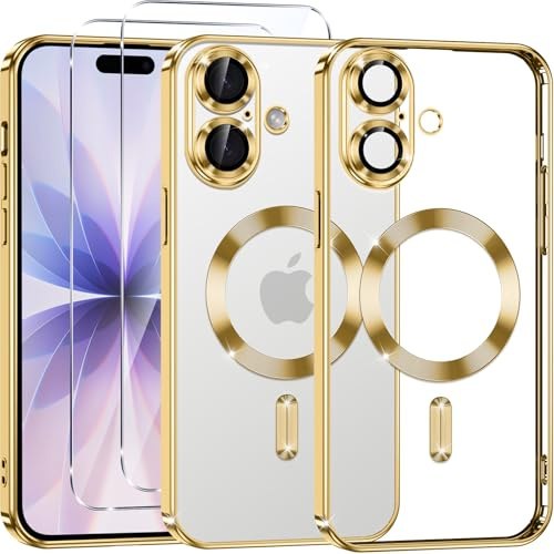 Phoona Klare Magnetisch Hülle für iPhone 17 6,3 Zoll, mit 2 Stück Gehärtete Glas Schutzfolie, Anti-Gelb, Stoßfest Kabellosem Laden, Anti Scratch, Gold