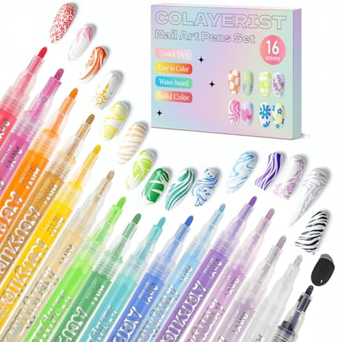 COLAYERIST Nail Art Pens Set 16 Colors, Quick-Drying Nail Art Markers, Nail Polish Pens for Dotting, Drawing and Lining, Professional and DIY Manicure Set for Home and Salon