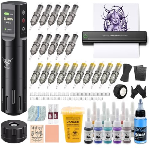 TATELF Tattoo Maschine Set Kabelloses mit Stencil Drucker Tattoo Zubehör Komplett inkl. Stencil Transfer Papier, Farbe & Nadeln – Ideal für Einsteiger & Profis