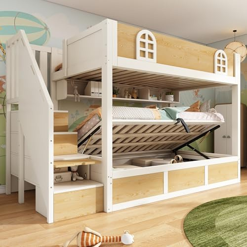 Merax Double Bunk Bed,Children's high sleeper beds,with Storage Stair&Shelf&Hydraulic Storage&Fall Protection and Railings,Solid Wood,White&Natural(90+90) x190cm