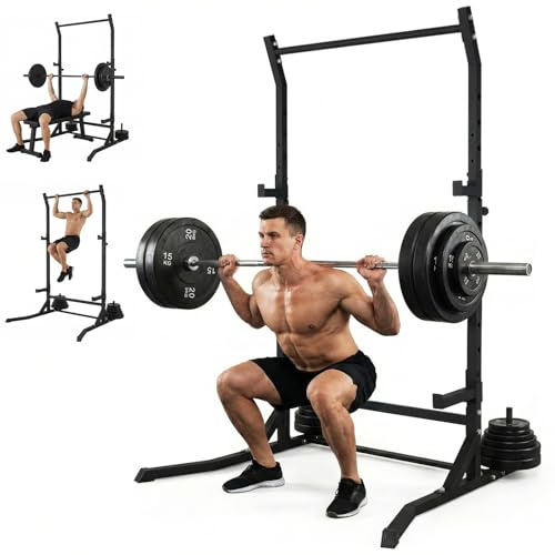 Power Cage Squat Rack Belastbar, Kraftturm Multifunktionales Power Rack für Home Gym Dip Stange, Verstellbarem J-Haken & Sicherheitsstangen für Klimmzüge mit Langhantel