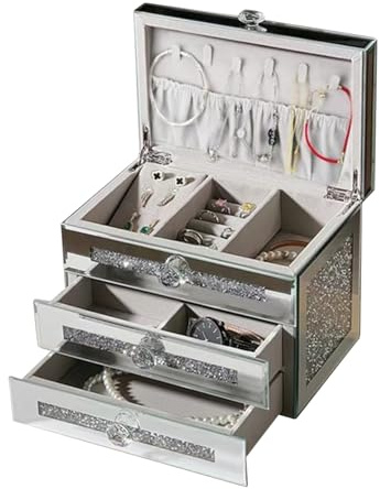 Silver Crushed Diamante Mirrored Glass Jewellery Box, Makeup Organiser Storage Cosmetic Storage Box, Mirrored Jewelry Box 3-Layer 2 Drawers Jewelry Holder Organizer Box for Rings Necklaces Bracelets