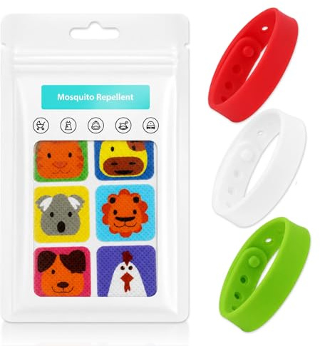 3 Pulseras Ajustables y 72 Pegatinas de Animales, Pulsera Antimosquitos, Parche Repelente de Mosquitos, Natural Aceites Esenciales, Ajuste Para Camping Senderismo Interiores Y Exteriores Impermeable