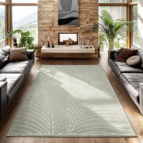 SIMPEX Kurzflor Teppich 160x230 cm Grün Wohnzimmer, Schlafzimmer, Küche, 3D Hoch-Tief-Effekt, Skandinavisch Boho Motiv, für Outdoor Bereich geeignet Terrassen oder im Balkon