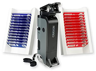 Carson MicroFlip 100x-250x LED and UV Lighted Pocket Microscope with Flip Down Slide Base and Smartphone Digiscoping Clip Bundle Included with 24 Prepared Insect and Animal Slides (MP-250BUN)