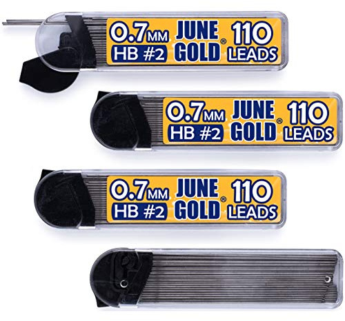 June Gold 440 Pieces, 0.7 mm HB #2 Lead Refills, 110 Pieces Per Dispenser, Medium Thickness, Break Resistant Lead/Graphite (Pack of 4 Dispensers)