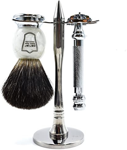 Parker Safety Razor 99R Sicherheitsrasierer Rasierset - Hochwertig Schwarz Dachs Bürste, Edelstahl Ständer & Parker 99R Schmetterling öffnen Rasierapparat