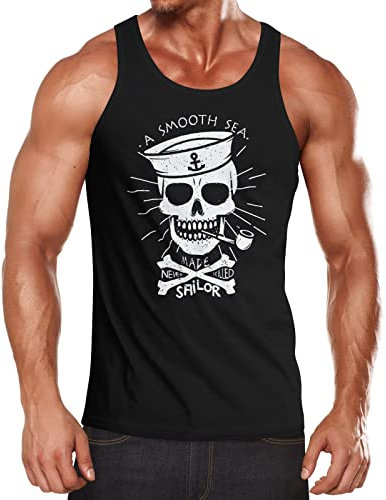 Neverless Herren Tank Top A Smooth sea Never Made Skilled Sailor Skull Totenkopf Seemann Muskelshirt schwarz XL