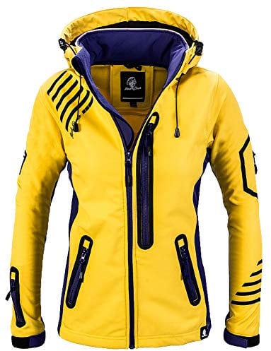 Rock Creek Damen Softshell Jacke Windbreaker Regenjacke Übergangsjacke Softshelljacke Damenjacke Regenmantel Outdoorjacke Kapuze D-402 Gelb-Navy M