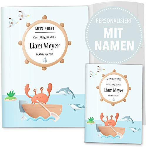 OLGS U-Heft und Impfpasshüllen 3-teiliges Set Auf Hoher See | Untersuchungsheft Hülle & Impfpasshülle mit Namen und Geburtsdatum (U-Heft Set 3-teilig personalisiert, Krabbe Monty)