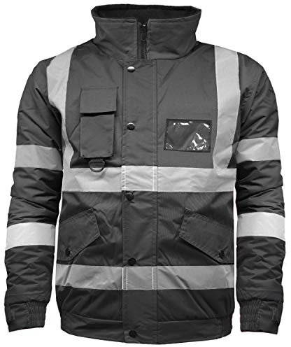 High Visibility Safety Security Reflective Protective Waterproof Workwear Bomber Jacket Fluorescent (M, Black)