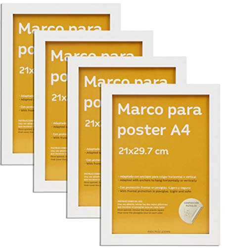 Nacnic 4-er Set Starke Klassische Fotorahmen zum Schutz und Anzeige von Fotos, Diplome, Plakate, Poster, Kunstdrücke... in verschiedenen Größen und Farben. Weiß, Größe A4