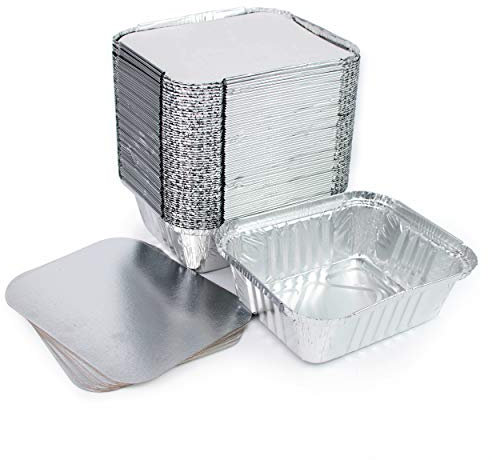Lote de 100 bandejas de aluminio desechables con tapa para transportar alimentos, congelar, cocinar (500 ml)