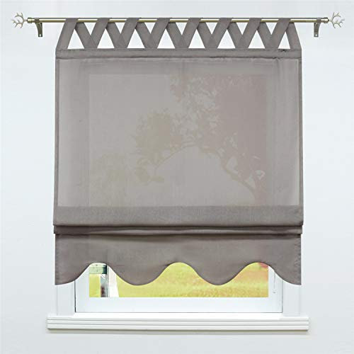SCHOAL Raffrollo mit Schlaufen Halbtransparente Raffgardine Landhaus Schlaufenrollo Gardinen Leinen mit gebogten Abschluss 1 Stück BxH 120x140cm Grau