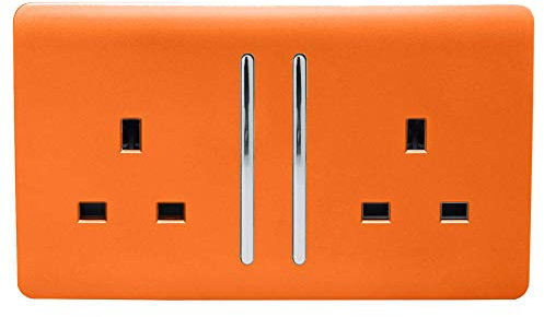 Trendi 2 Gang Raised Artistic Modern Glossy Screwless 13 Amp Single Pole with Chrome Switched UK Standard Electrical Double Wall Plug Socket in SUNSET ORANGE - ART-SKT213LOR