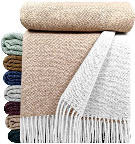STTS International Wolldecke 100% Schurwolle Wohndecke in versch. Farben 140 x 200 cm Tagesdecke Schurwolldecke Woll-Plaid Tirol (Weiß-Beige (Double face), 140 x 200 cm)