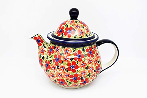 Handmade Unikat Polish Pottery Teapot (1.7l) Holly Pattern