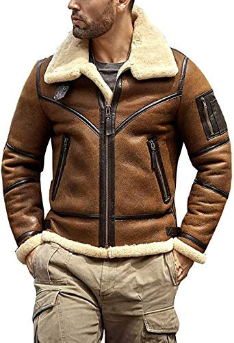EU Fashions Herren B3 Piloten-Pilotenjacke, Kunstfell, Schaffell, braun, Bomberjacke, echtes Leder, für den Winter Gr. XX-Small, Braune Lammfell-Jacken für Herren