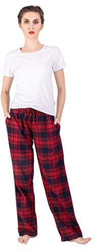 JTPW Women's 100% Cotton Flannel Sleep Pajama Pants with Pockets (Navy RED Plaid, L)