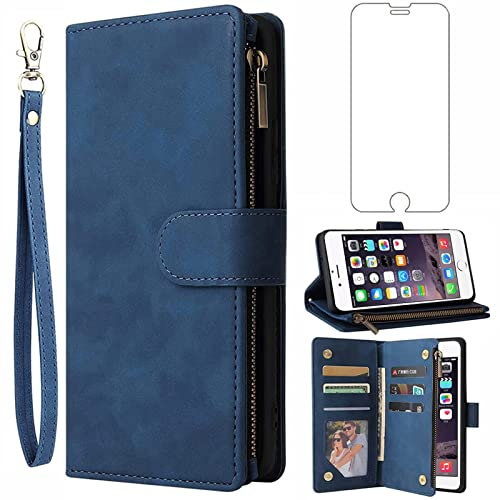 Asuwish Étui portefeuille en verre trempé pour iPhone 6 Plus, 6 Plus, 6 Plus, 6 Plus, 6 Plus, 6 Plus, 6, 6 A, S, 6 Plus, 6 Plus, 6 Plus, 6 Plus, 6, 6 Plus, 6 Plus, bleu